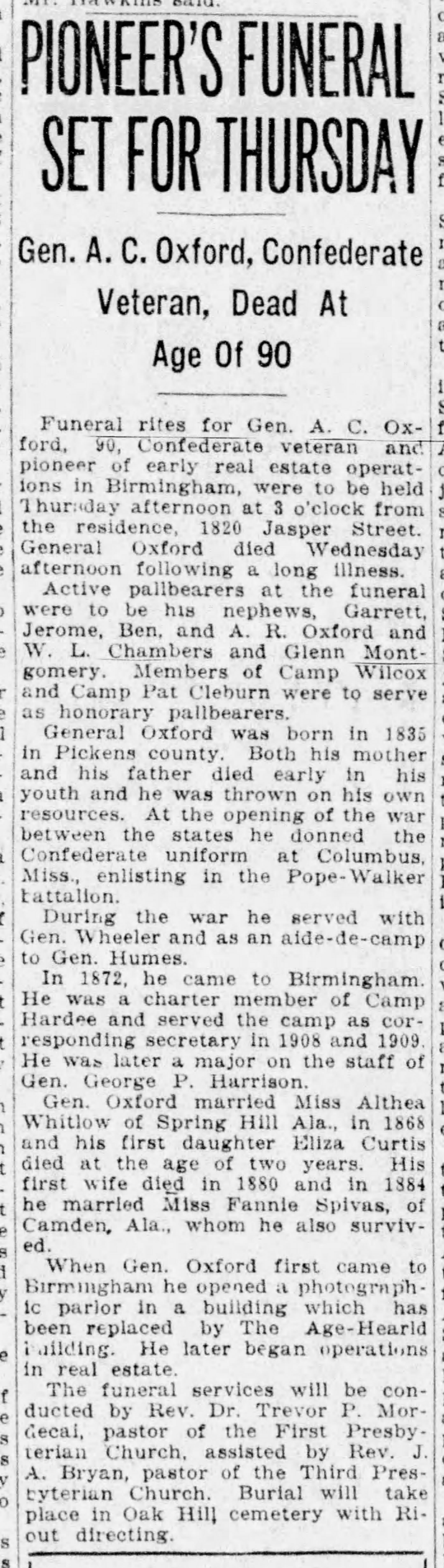 Pioneer's Funeral Set For Thursday